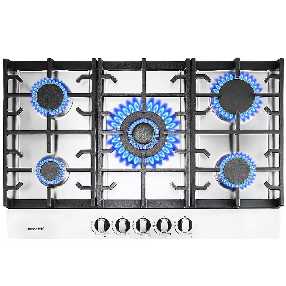 30 In. Built-In Gas Cooktop in Stainless Steel with 5 Burners, LPG/NG Dual Fuel