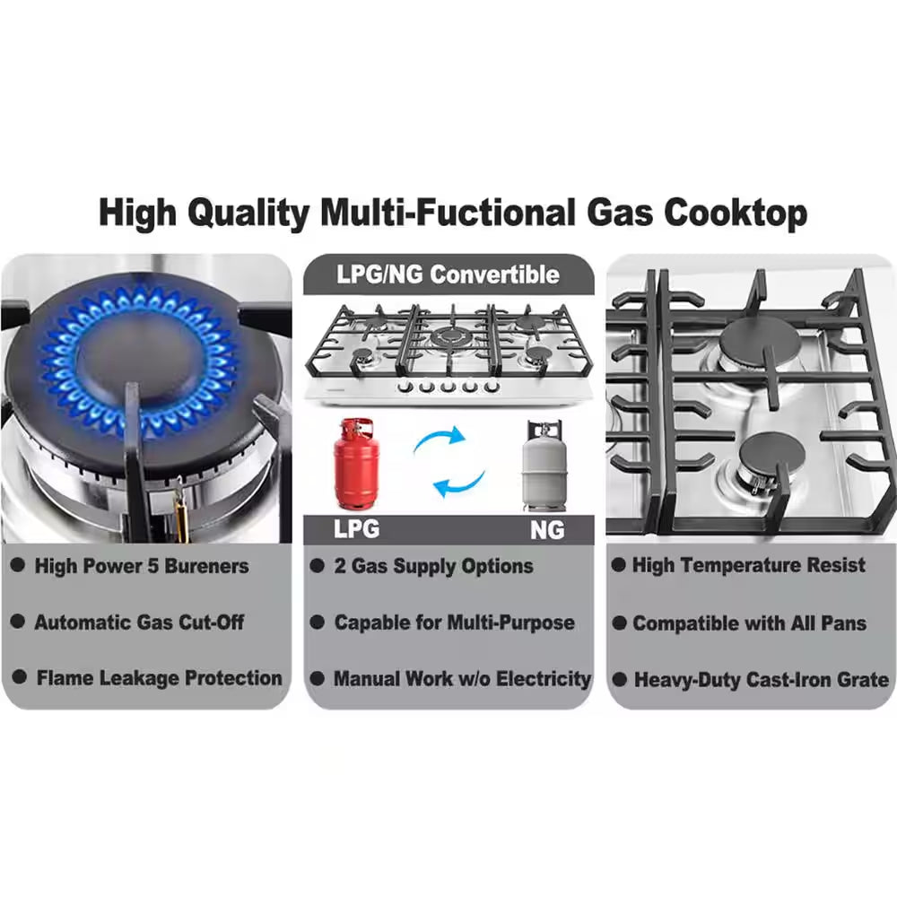 30 In. Built-In Gas Cooktop in Stainless Steel with 5 Burners, LPG/NG Dual Fuel