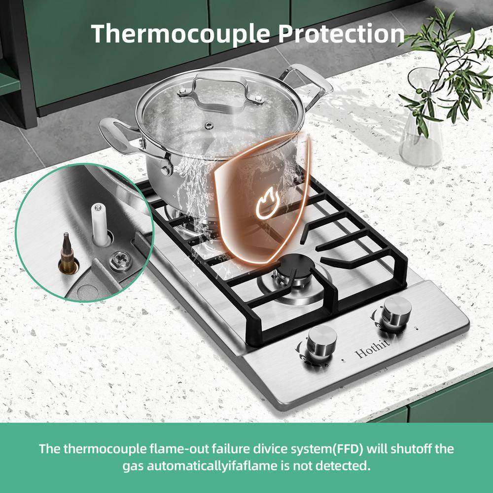 12 In. 2 Burners Recessed Gas Cooktop in Silver with Thermocouple Protection 13500 BTU, NG/LPG Dual Fuel Gas Stove Top