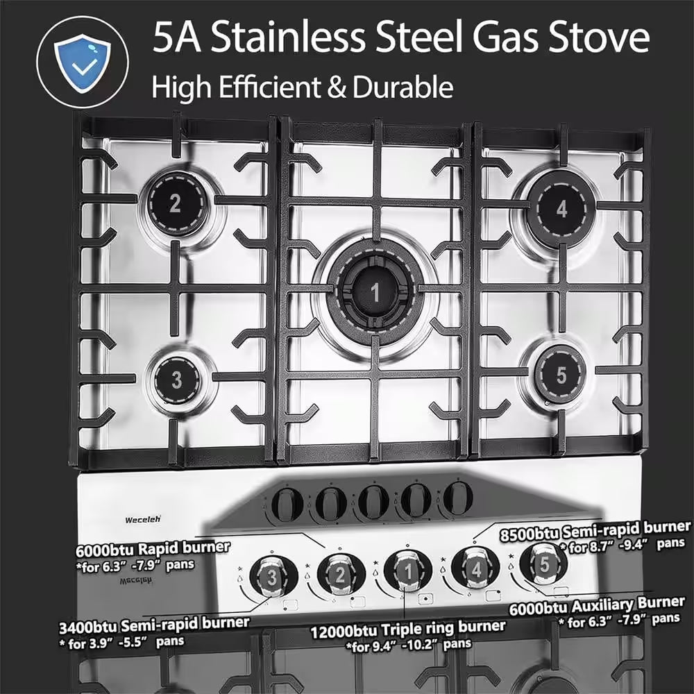 30 In. Built-In Gas Cooktop in Stainless Steel with 5 Burners, LPG/NG Dual Fuel