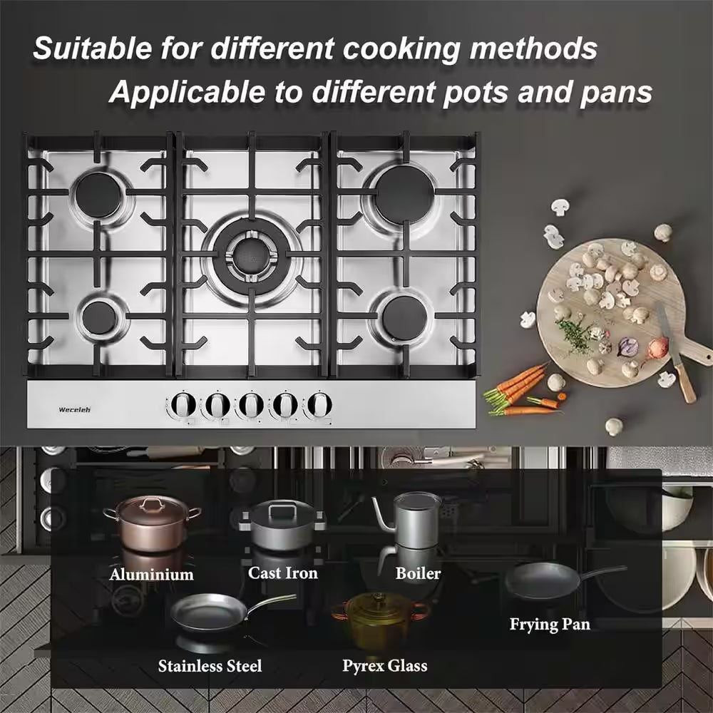 30 In. Built-In Gas Cooktop in Stainless Steel with 5 Burners, LPG/NG Dual Fuel
