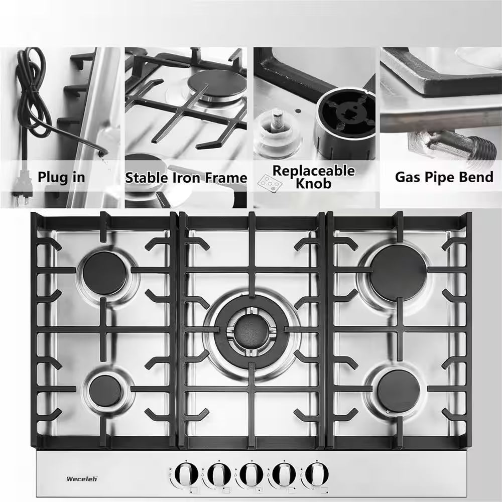 30 In. Built-In Gas Cooktop in Stainless Steel with 5 Burners, LPG/NG Dual Fuel