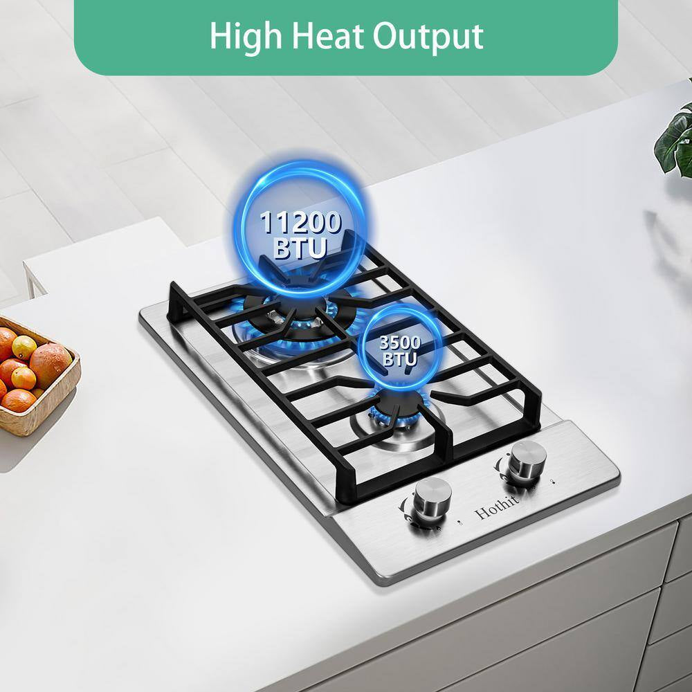 12 In. 2 Burners Recessed Gas Cooktop in Silver with Thermocouple Protection 13500 BTU, NG/LPG Dual Fuel Gas Stove Top