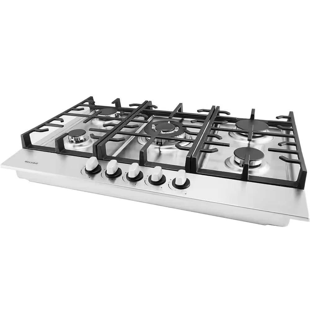 30 In. Built-In Gas Cooktop in Stainless Steel with 5 Burners, LPG/NG Dual Fuel