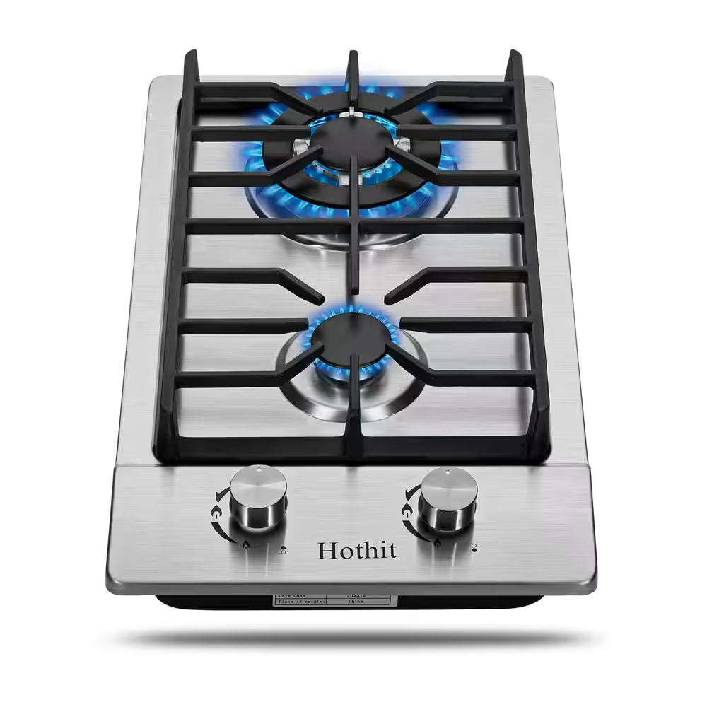 12 In. 2 Burners Recessed Gas Cooktop in Silver with Thermocouple Protection 13500 BTU, NG/LPG Dual Fuel Gas Stove Top