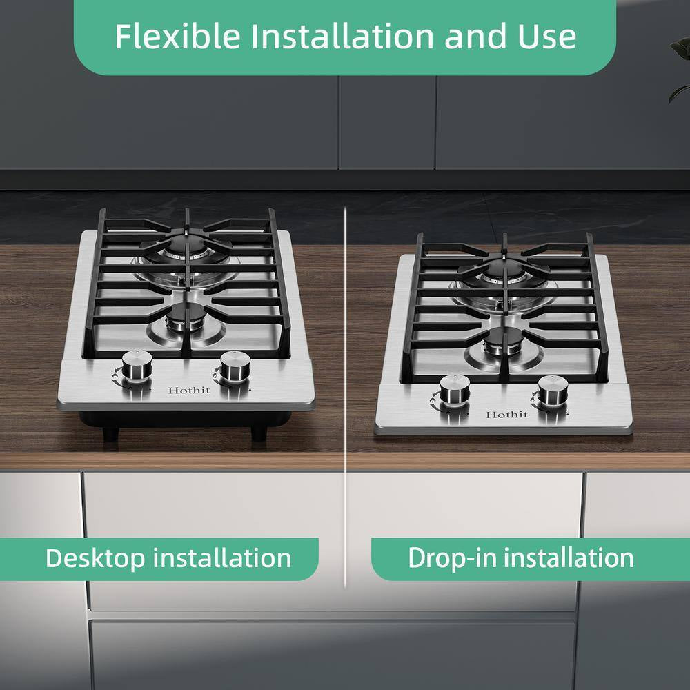 12 In. 2 Burners Recessed Gas Cooktop in Silver with Thermocouple Protection 13500 BTU, NG/LPG Dual Fuel Gas Stove Top