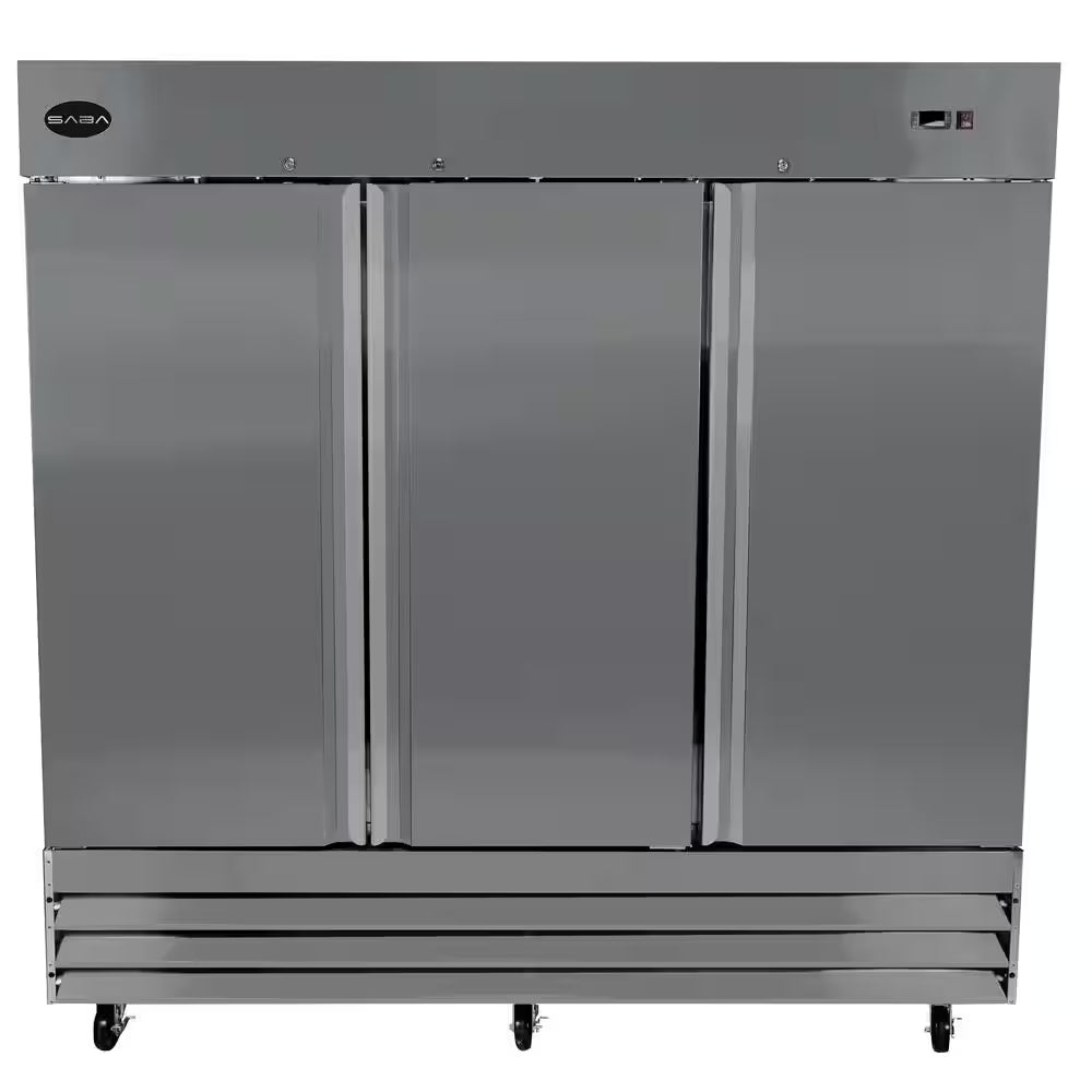81 In. W 72 Cu. Ft. Three Door Commercial Reach in Upright Refrigerator in Stainless Steel