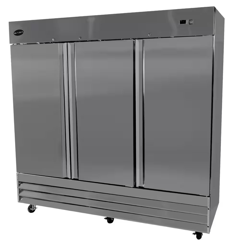 81 In. W 72 Cu. Ft. Three Door Commercial Reach in Upright Refrigerator in Stainless Steel