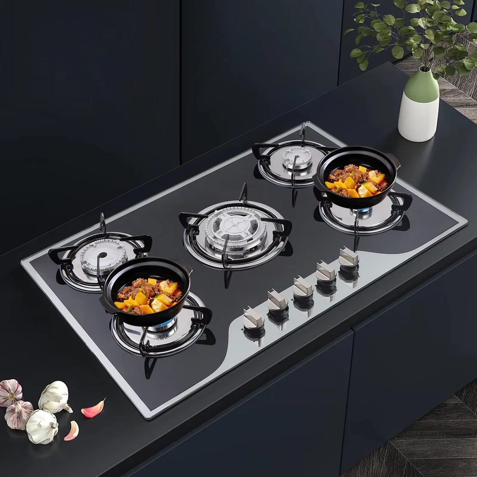 5 Burner Built-In Gas Stove Cast Iron Gas Hob Burner Cooker LPG NG Dual Fuel Stainless Steel Gas Hob Cooktop